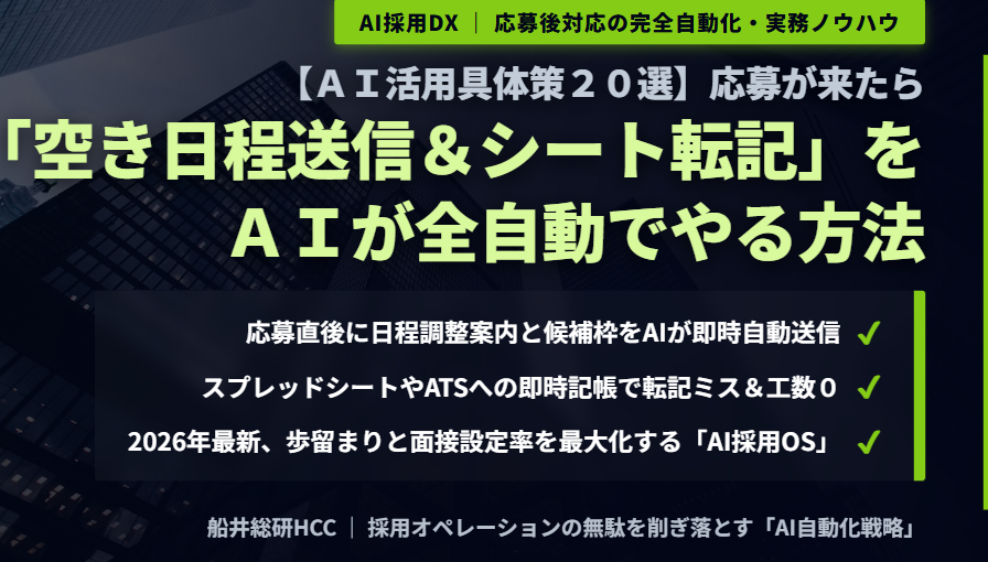 【AI活用具体策20選】応募が来たら「空き日程送信＆シート転記」をAIが全自動でやる方法のイメージ
