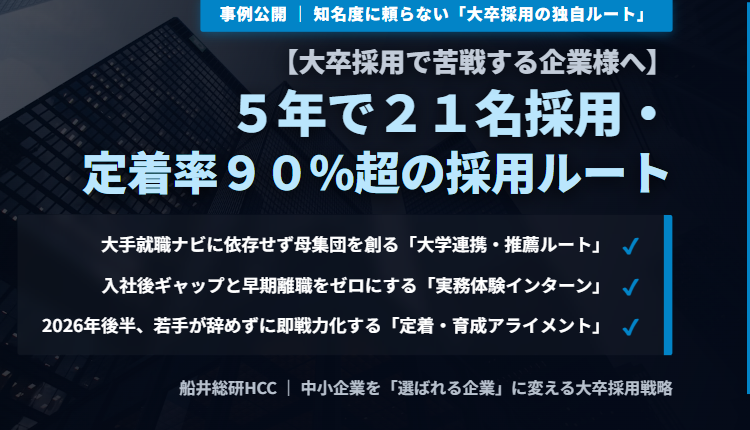 【大卒採用で苦戦する企業様へ】5年で21名採用・定着率90%超の採用ルートのイメージ