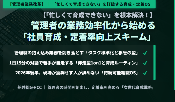 【「忙しくて育成できない」を根本解決！】管理者の業務効率化から始める「社員育成・定着率向上スキーム」のイメージ
