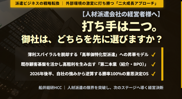 【人材派遣会社の経営者様へ】打ち手は二つ。御社は、どちらを先に選びますか？のイメージ