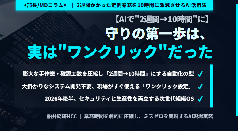 【AIで"2週間→10時間"に】守りの第一歩は、実は"ワンクリック"だった《部長/MDコラム》のイメージ