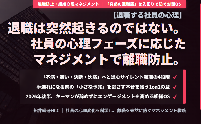 【退職する社員の心理】退職は突然起きるのではない。社員の心理フェーズに応じたマネジメントで離職防止。のイメージ
