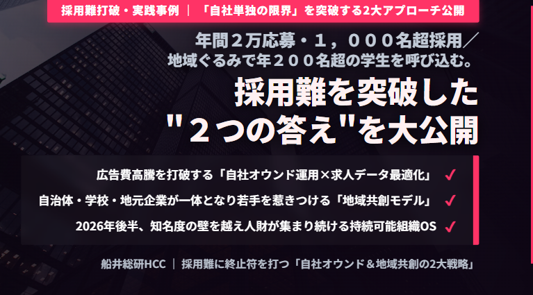 年間2万応募・1,000名超採用／地域ぐるみで年200名超の学生を呼び込む。採用難を突破した"2つの答え"を大公開のイメージ